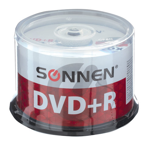 Диски DVD+R (плюс) SONNEN 4,7 Gb 16x Cake Box (упаковка на шпиле), КОМПЛЕКТ 50 шт., 512577