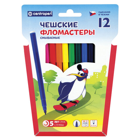 Фломастеры 12 ЦВЕТОВ CENTROPEN "Пингвины", смываемые, вентилируемый колпачок, 7790/12ET, 7 7790 1286