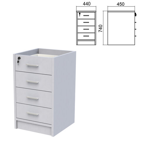 Тумба (каркас БЕЗ КРЫШКИ) приставная "Арго", 440х450х740 мм, 4 ящика, замок, серый