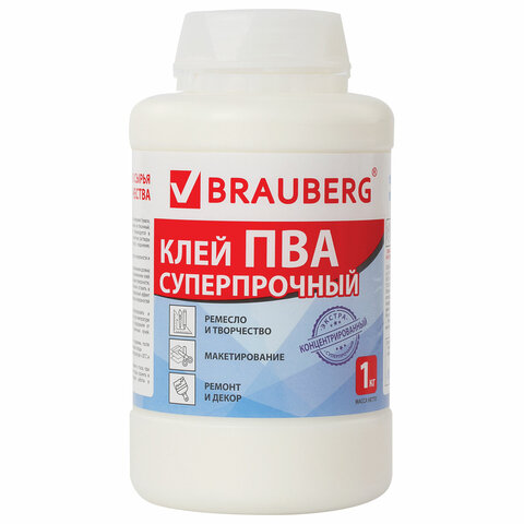 Клей ПВА BRAUBERG, 1 кг, суперпрочный (керамика, ткань, кожа, дерево, бумага, картон), 600984