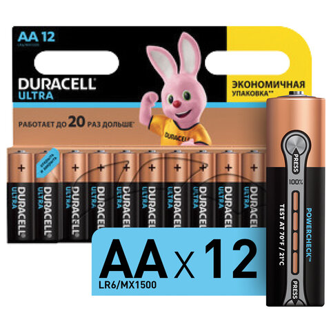 Батарейки КОМПЛЕКТ 12 шт., DURACELL Ultra, AA (LR06, 15А), алкалиновые, пальчиковые, блистер