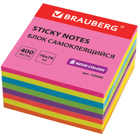 Блок самоклеящийся (стикеры), BRAUBERG, НЕОНОВЫЙ, 76х76 мм, 400 листов, 8 цветов, 126686