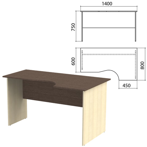 Стол письменный эргономичный "Канц", 1400х800х750 мм, правый, цвет венге/дуб молочный (КОМПЛЕКТ)