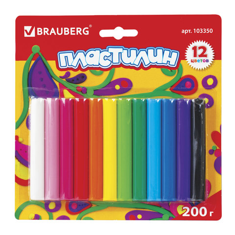 Пластилин классический BRAUBERG 12 цветов, 200 г, ВЫСШЕЕ КАЧЕСТВО, блистер, 103350