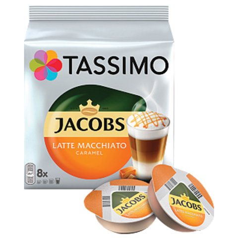 Кофе в капсулах JACOBS "Latte Macchiato Caramel" для кофемашин Tassimo, 8 порций (16 капсул), 8052186