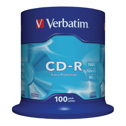 Диски CD-R VERBATIM 700 Mb 52х, КОМПЛЕКТ 100 шт., Cake Box, 43411