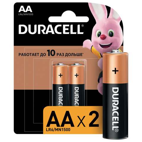 Батарейки КОМПЛЕКТ 2 шт., DURACELL Basic, AA (LR06, 15А), алкалиновые, пальчиковые, блистер